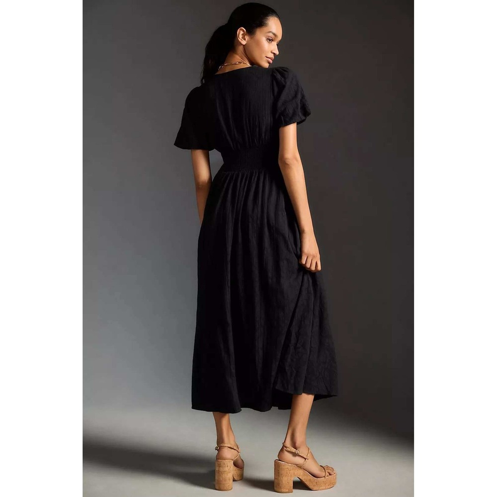 Anthropologie Katerina Button-Front Dress Maxi Dress Black Cotton V-Neck Large - Picture 2 of 10